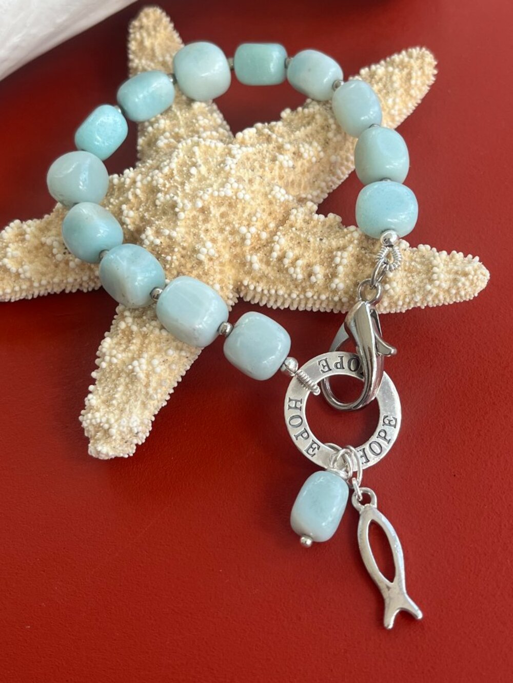 Amazonite Hope Beaded Bracelet | Silver Fish Charm | Artisan Jewelry